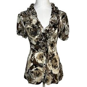 Y2K Ruffle Blouse Brown Black Size Large Office Siren Business Casual Floral 90s